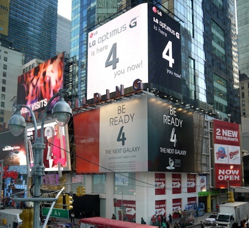lg-optimus-g-times-square-troll “LG Optimus G is here ‘4’ you now” Ad on Galaxy S IV Billboard in Times Square