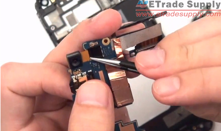 Peel off tapes, disconnect connectors and then remove the front facing camera and rear facing camera