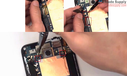 Use tweezers to peel off the yellow tape and disconnect the small connectors. Then take out the last two screws at the top of the motherboard