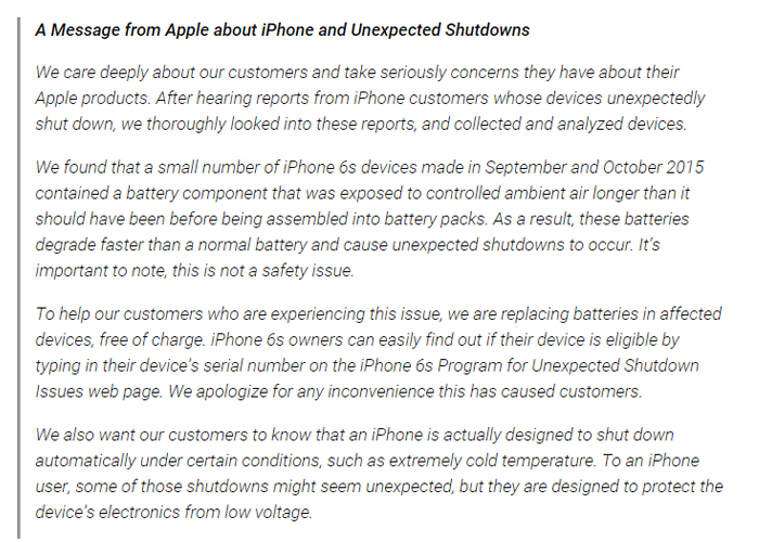 IPHONE 6S SHUTDOWN STATMENT