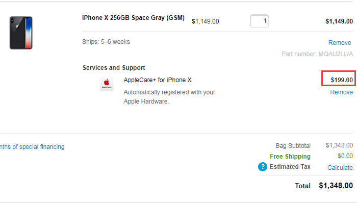 iPhone X AppleCare+ price