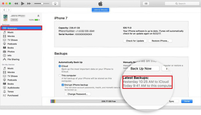 Check iPhone 7 latest backup