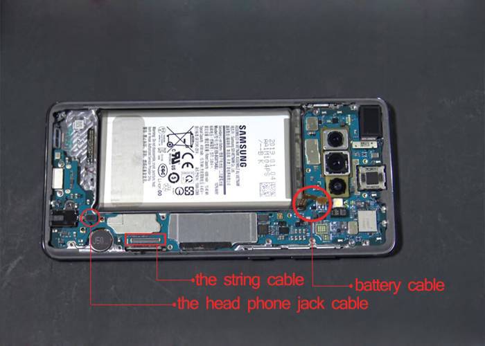 disconnect the battery cable, the string cable, the headphone jack cable, the front-facing camera cable