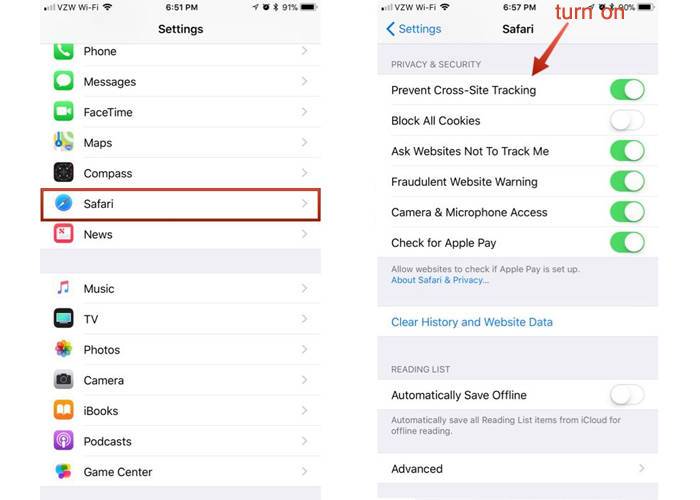 iPhone Prevent Cross-Site Tracking setting