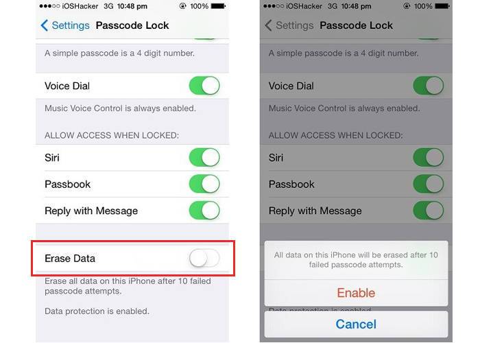 iPhone Erase Data after failed passcode attempts