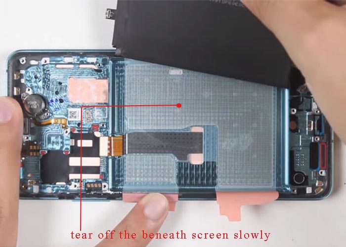 take out the battery and tear off the adhesive screen