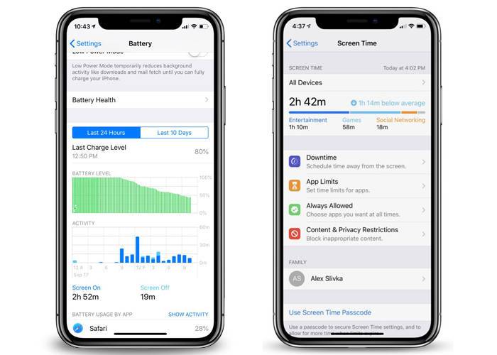 iPhone XR battery chart and screen time