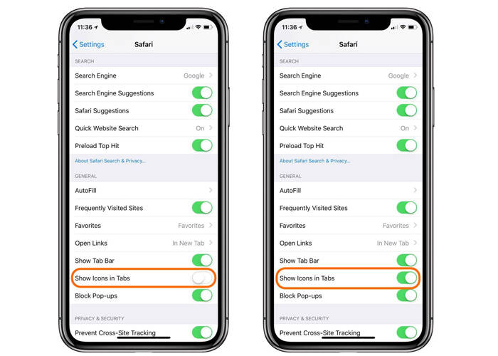 iPhone XS turn off show icons in tabs