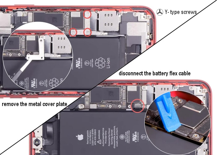 loosen the three Y-type screws and disconnect the battery flex cable