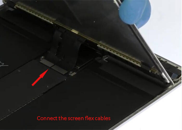 connect the screen flex cables back