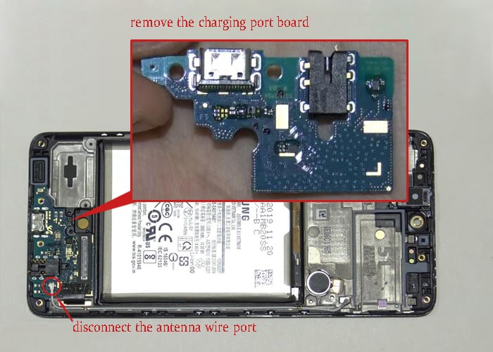 disconnect the antenna wire port and remove the charging port board